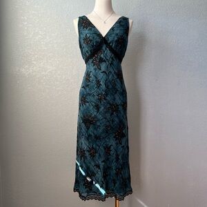 Valerie Stevens 100% Silk Teal Floral Beaded Midi Dress Size 4 Lace Trim